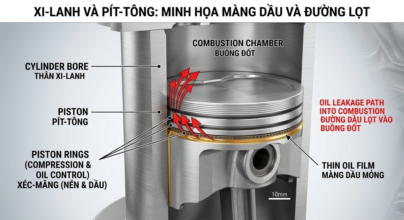 Minh họa ảnh hưởng của độ nhớt dầu nhớt đến khí thải qua hiện tượng lọt dầu buồng đốt